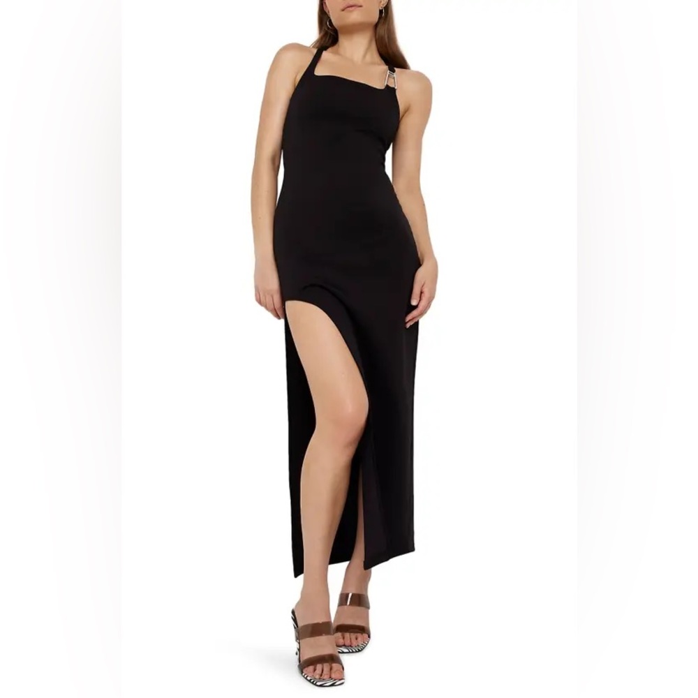 ASOS Black River Island Buckle T Strap High Side Slit Seductive Sleek Maxi Dress